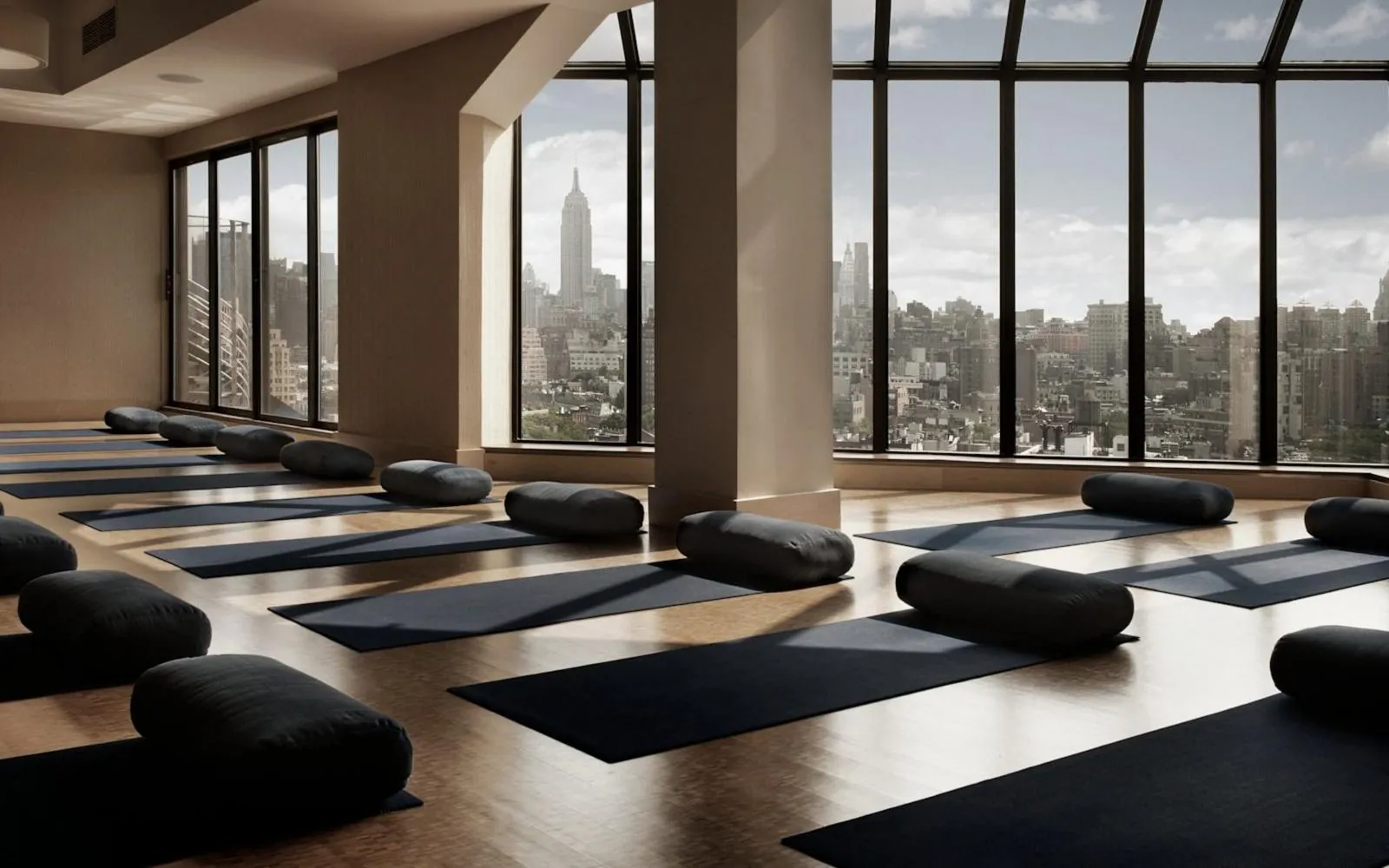 Equinox club studio overlooking the New York skyline